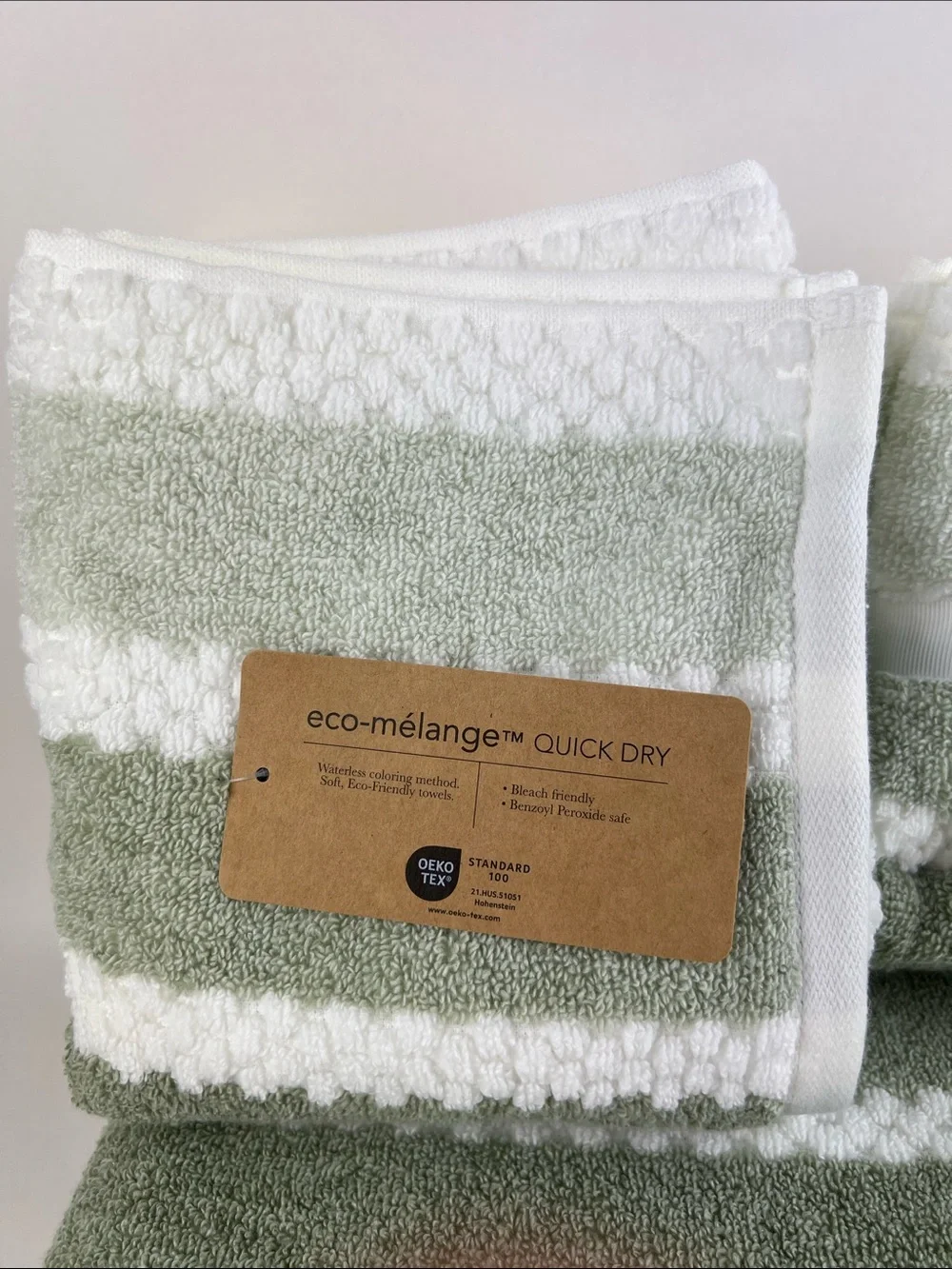Eco Melange Bath Towels Green White Quick Dry Soft 100% Cotton 10 Pc Set NEW